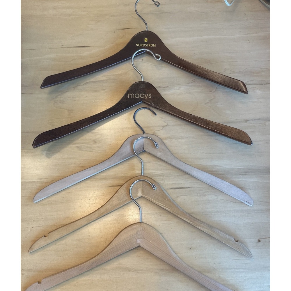 5 Vintage Wood Hangers NORDSTROM,‎ MACY, And Plain Wood Coat Dress Sweater Suit